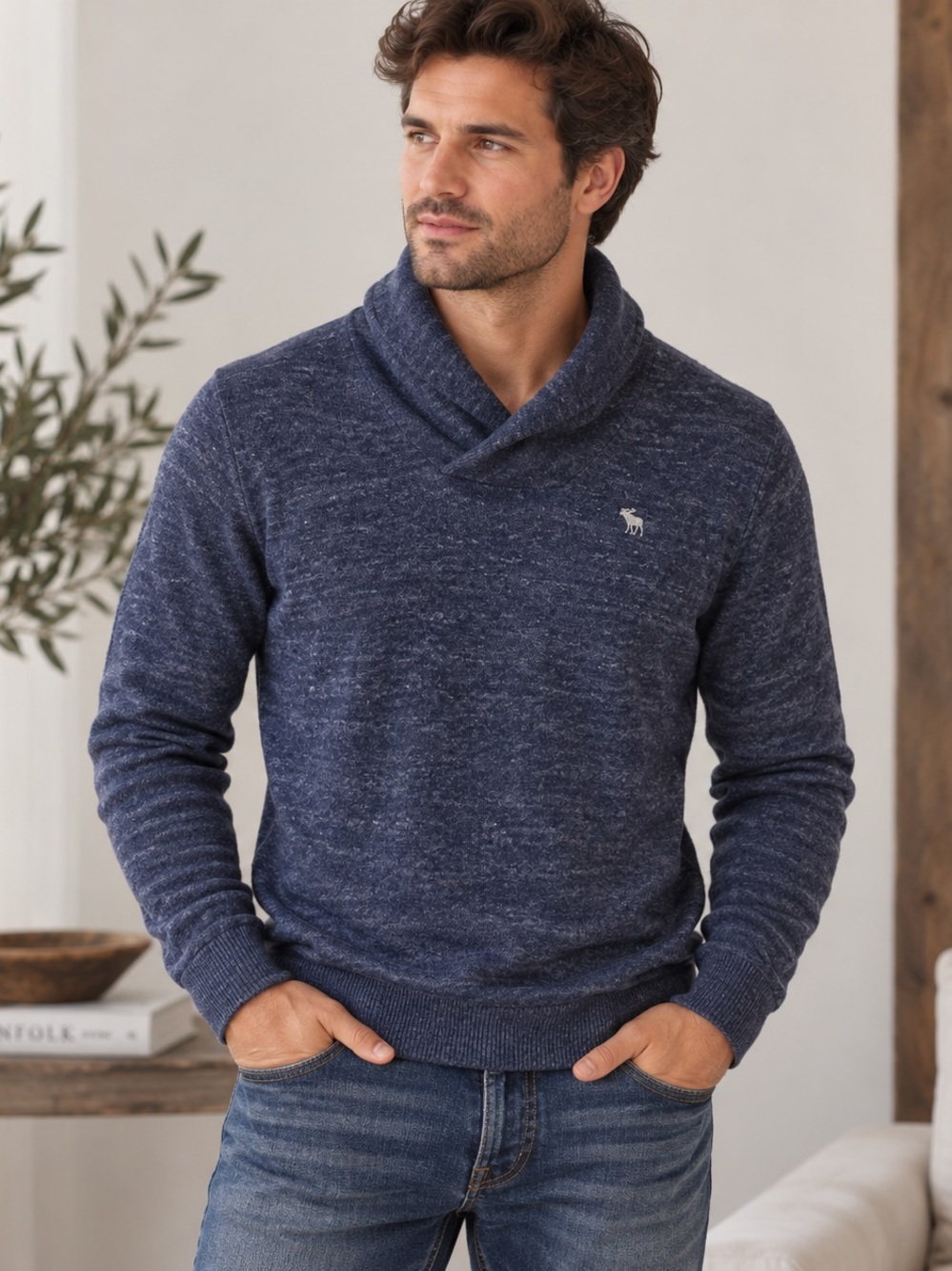 Abercrombie & Fitch Navy Thick Shawl Collar Knit Sweater